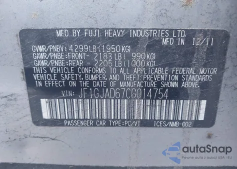 2012 Subaru Impreza 2.0I Premium from USA, damaged, VIN JF1GJAD67CG014754